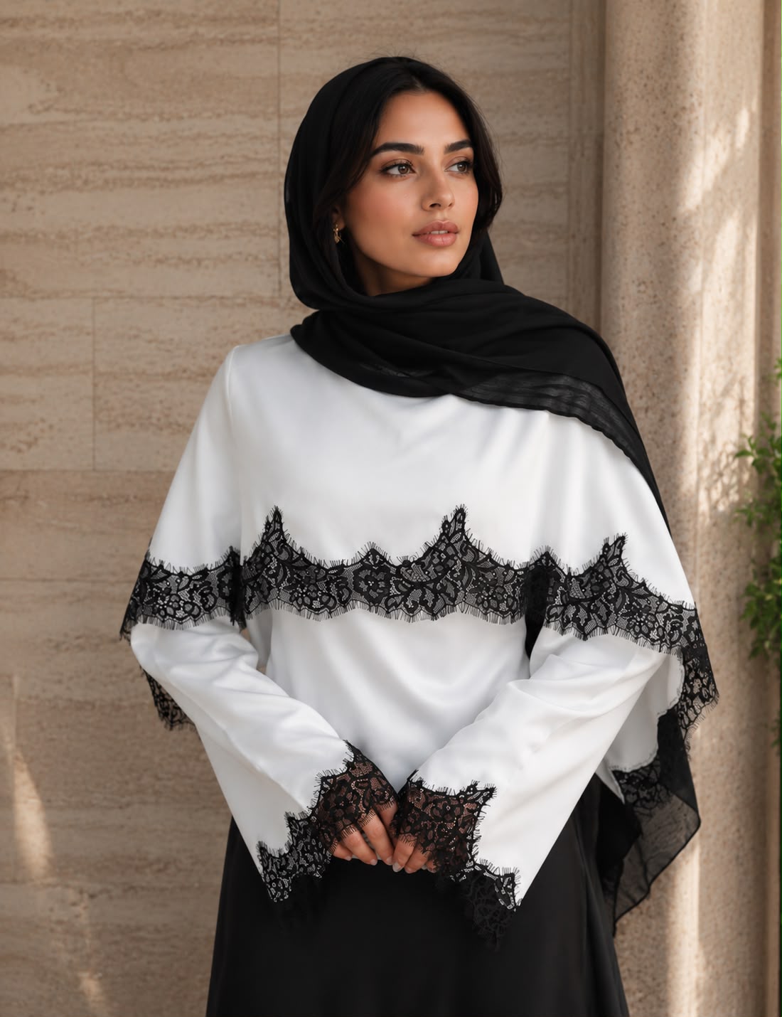 Double Laced Satin Top - White (black lace)