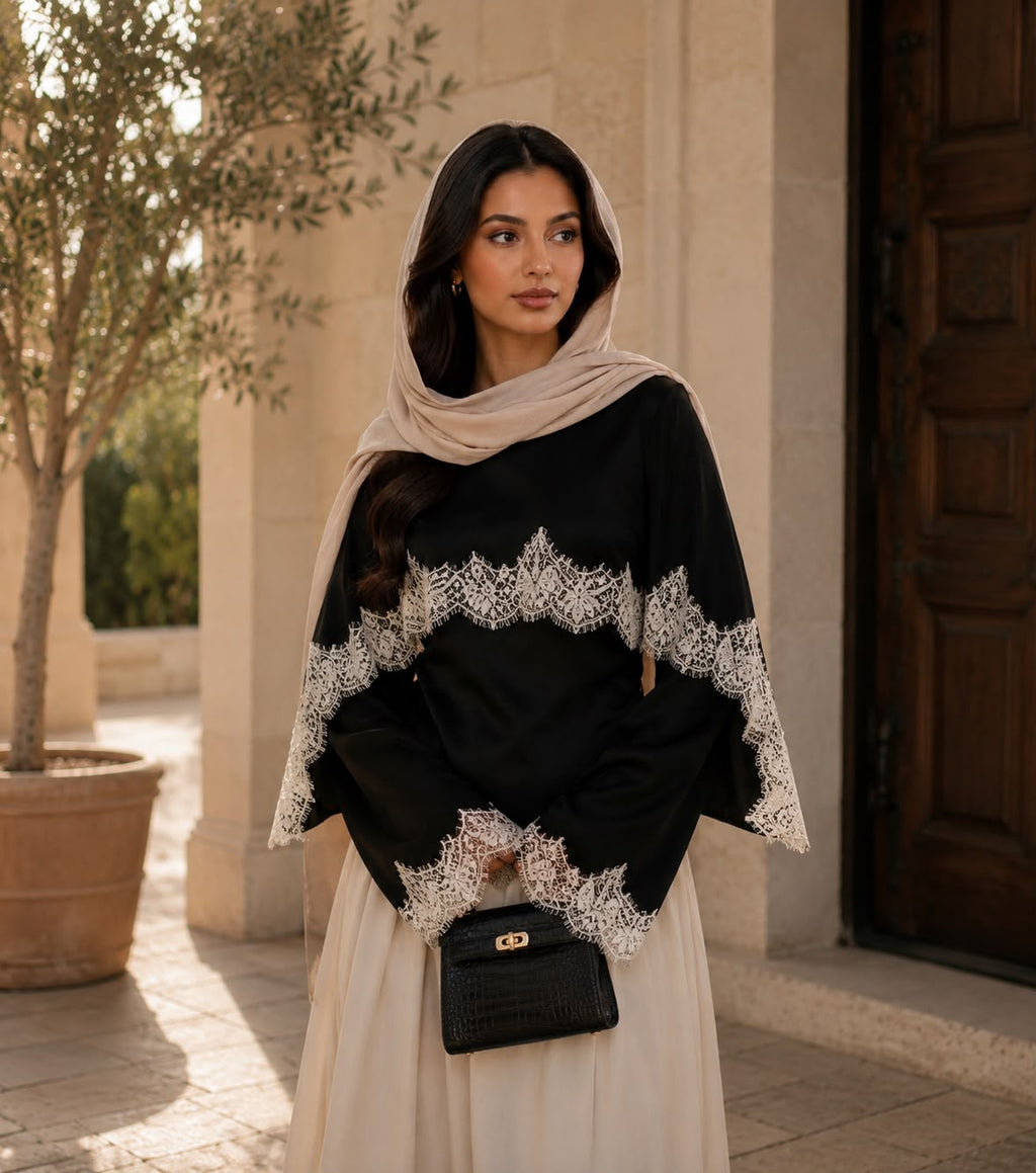 Double Laced Satin Top - Black (white lace)