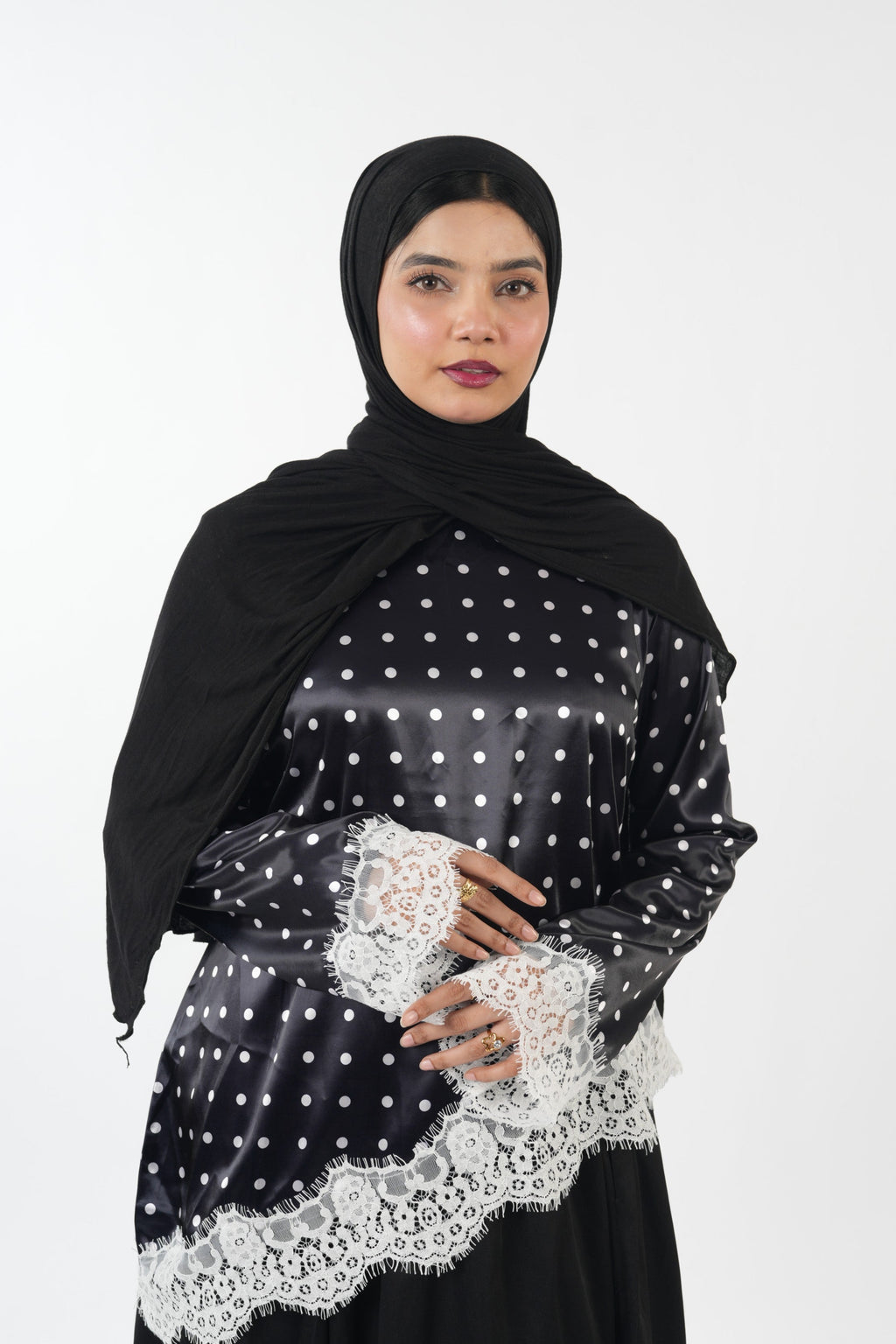 Premium Satin Top - Polka (Black)