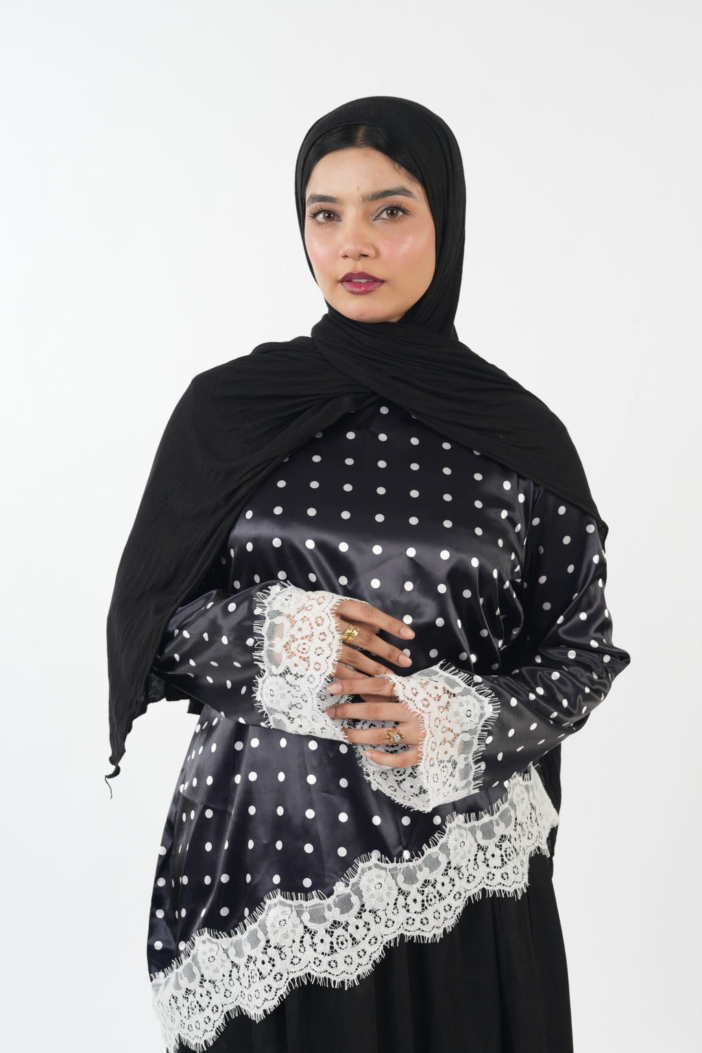 Premium Satin Top - Polka (Black)