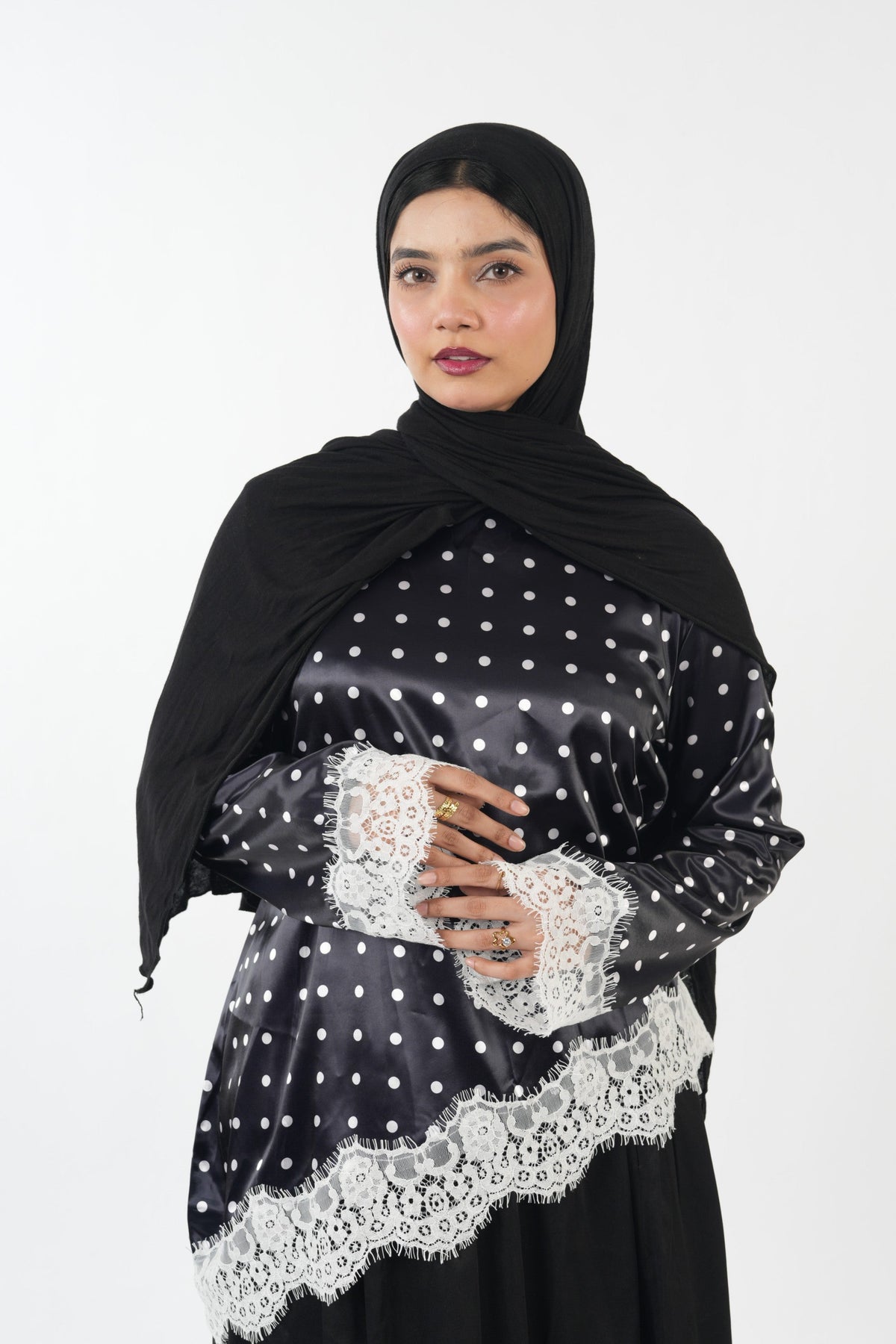 Premium Satin Top - Polka (Black)