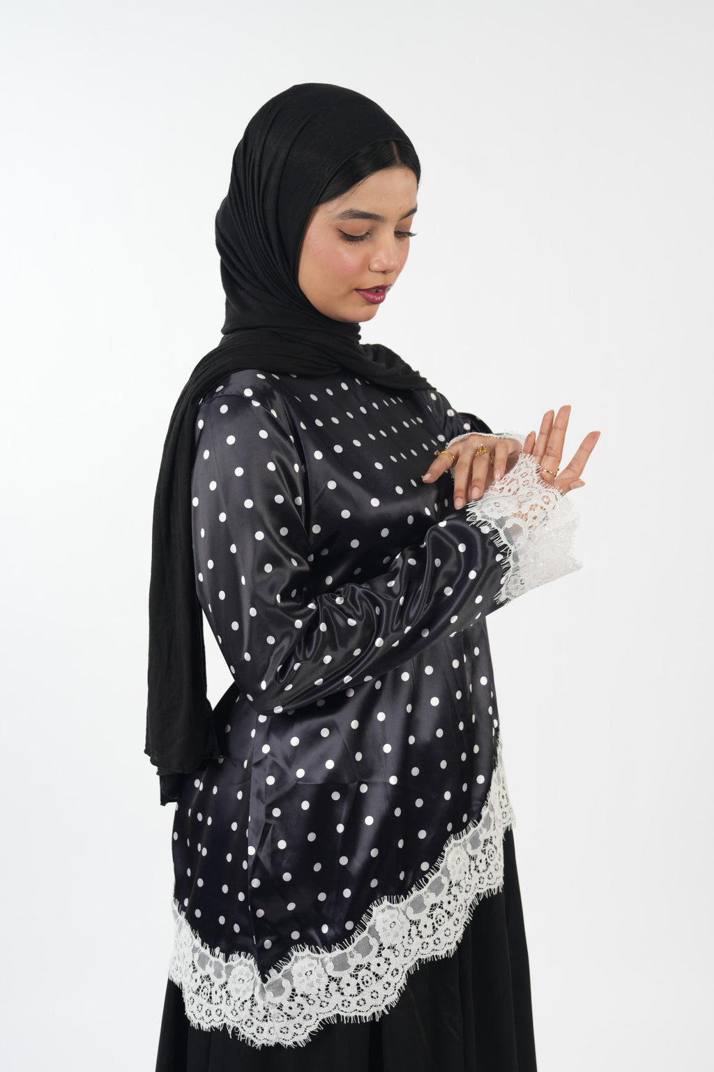 Premium Satin Top - Polka (Black)