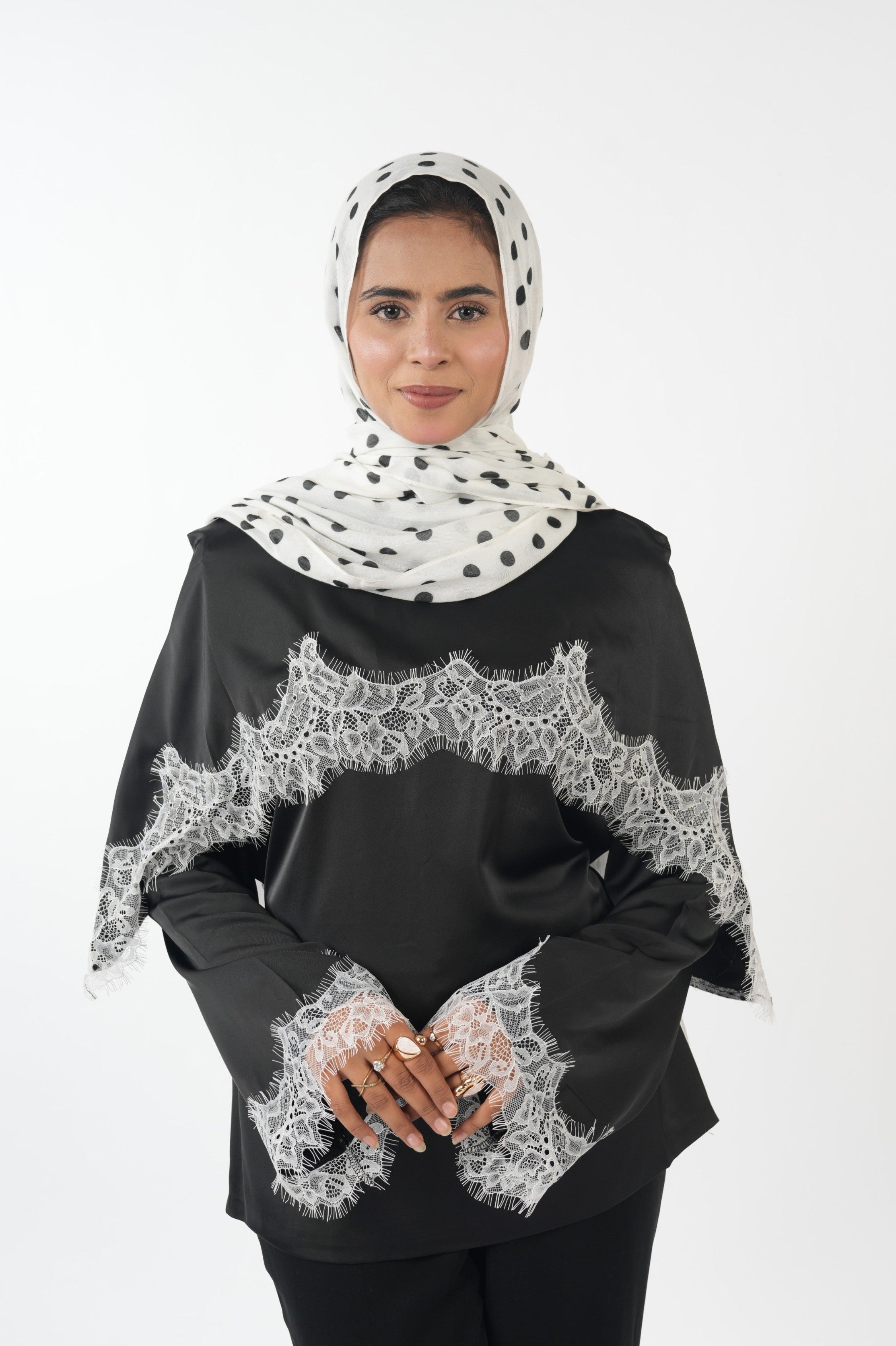 Double Laced Satin Top - Black (white lace)