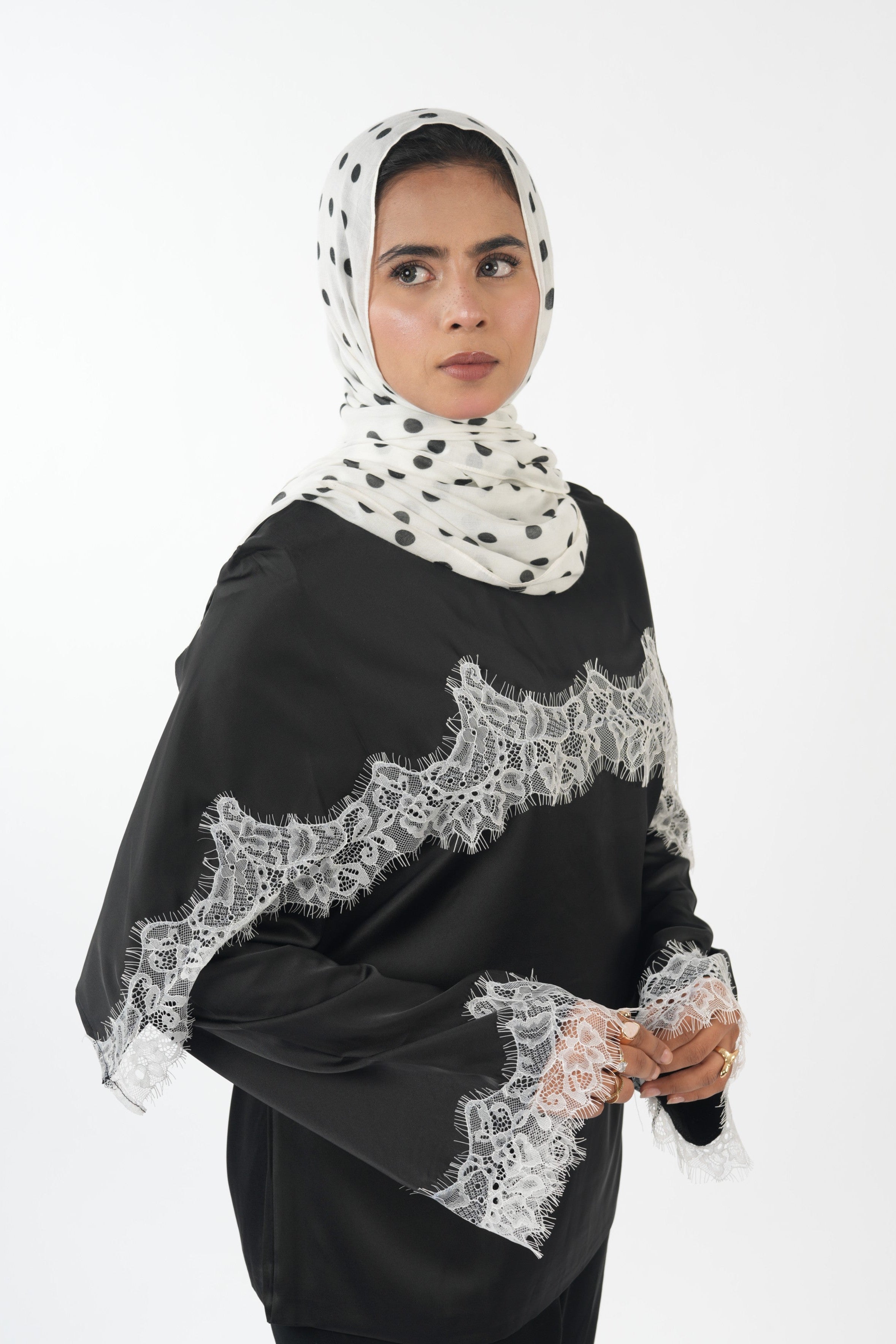 Double Laced Satin Top - Black (white lace)