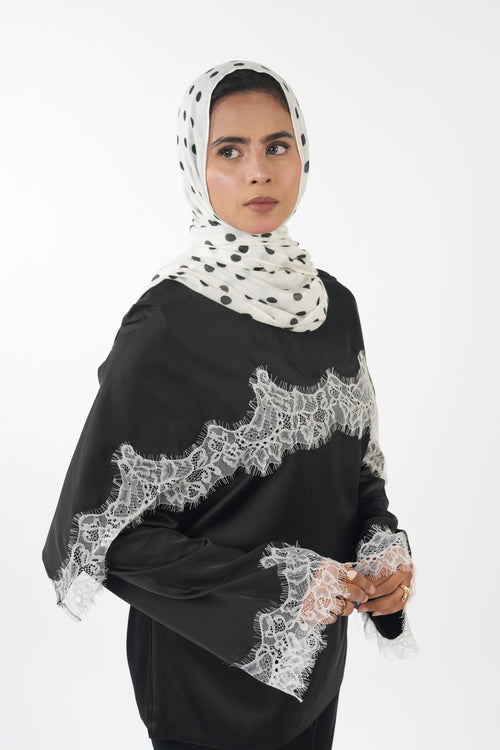 Double Laced Satin Top - Black (white lace)