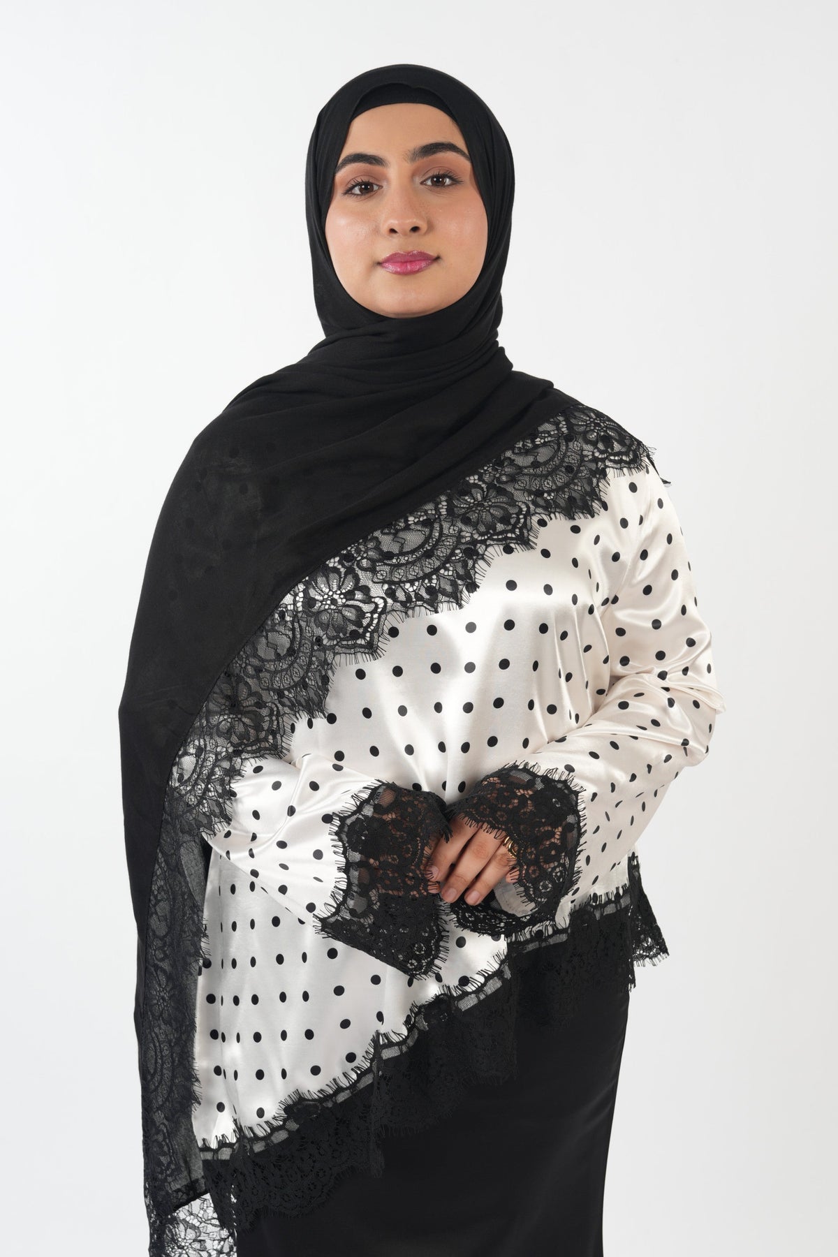 Premium Satin Top - Polka (White)