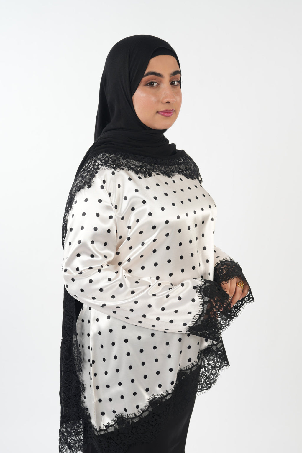 Premium Satin Top - Polka (White)