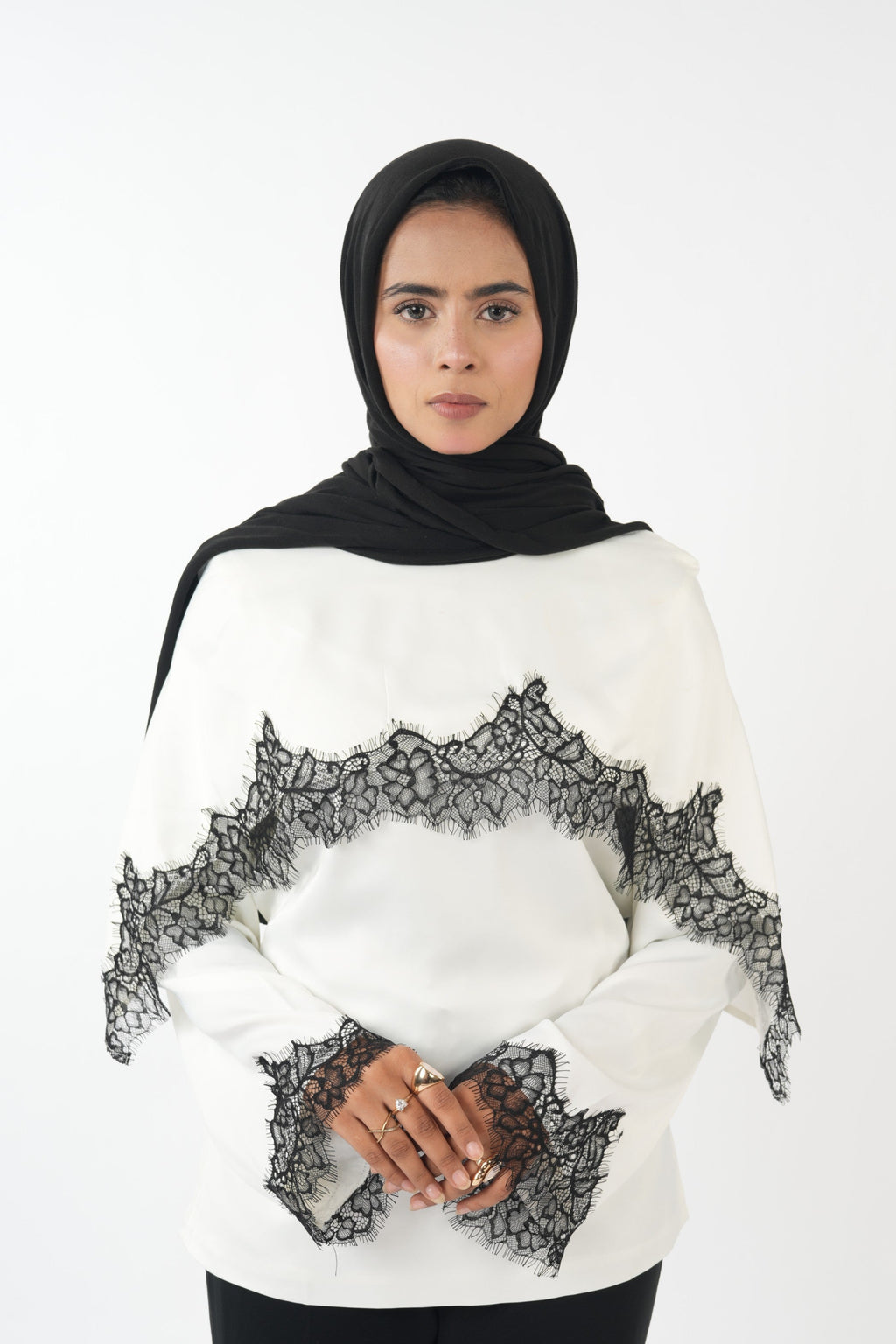 Double Laced Satin Top - White (black lace)