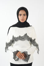 Double Laced Satin Top - White (black lace)