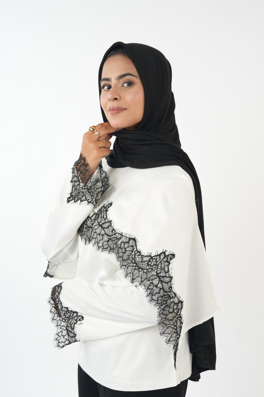 Double Laced Satin Top - White (black lace)