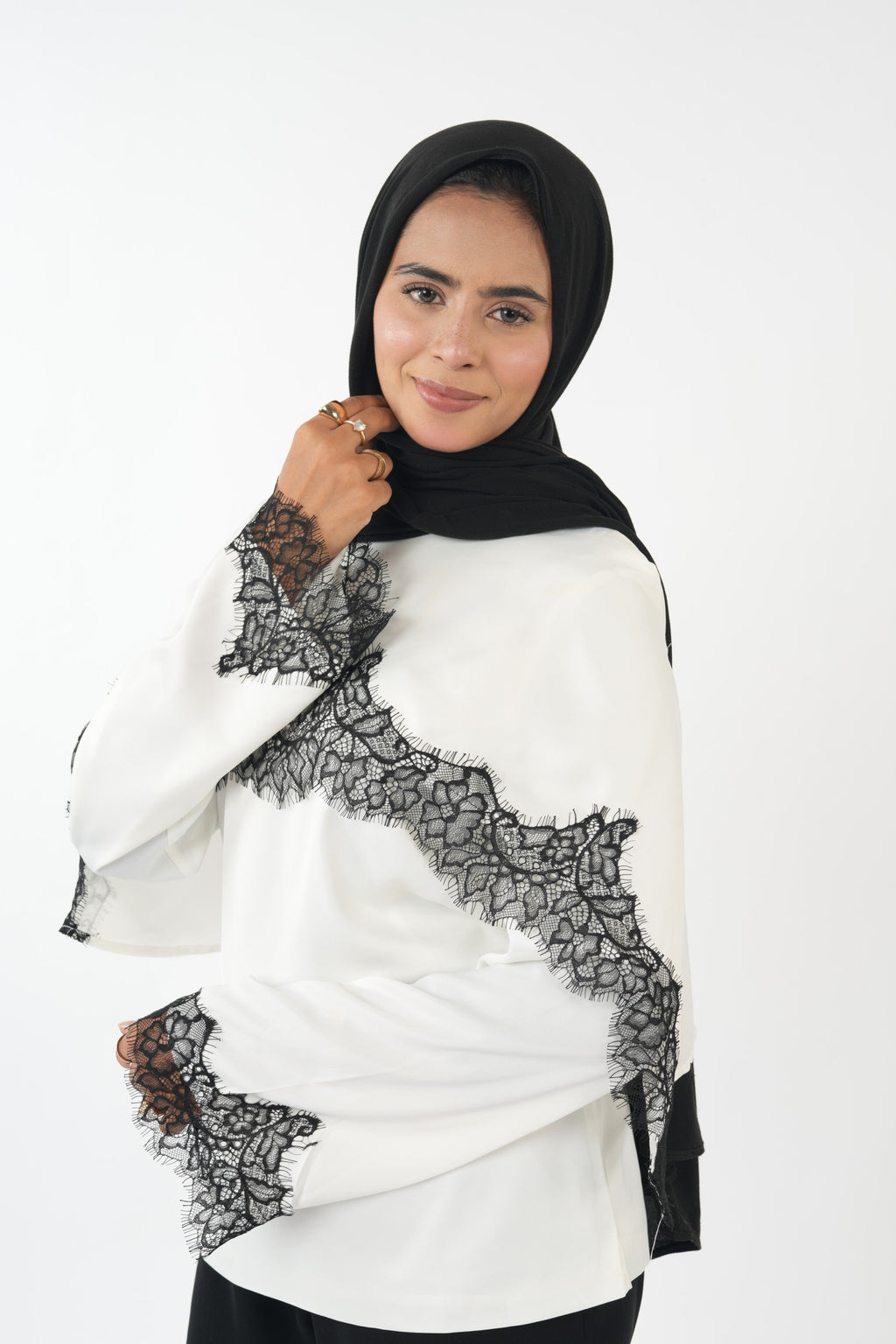Double Laced Satin Top - White (black lace)