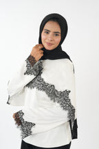 Double Laced Satin Top - White (black lace)