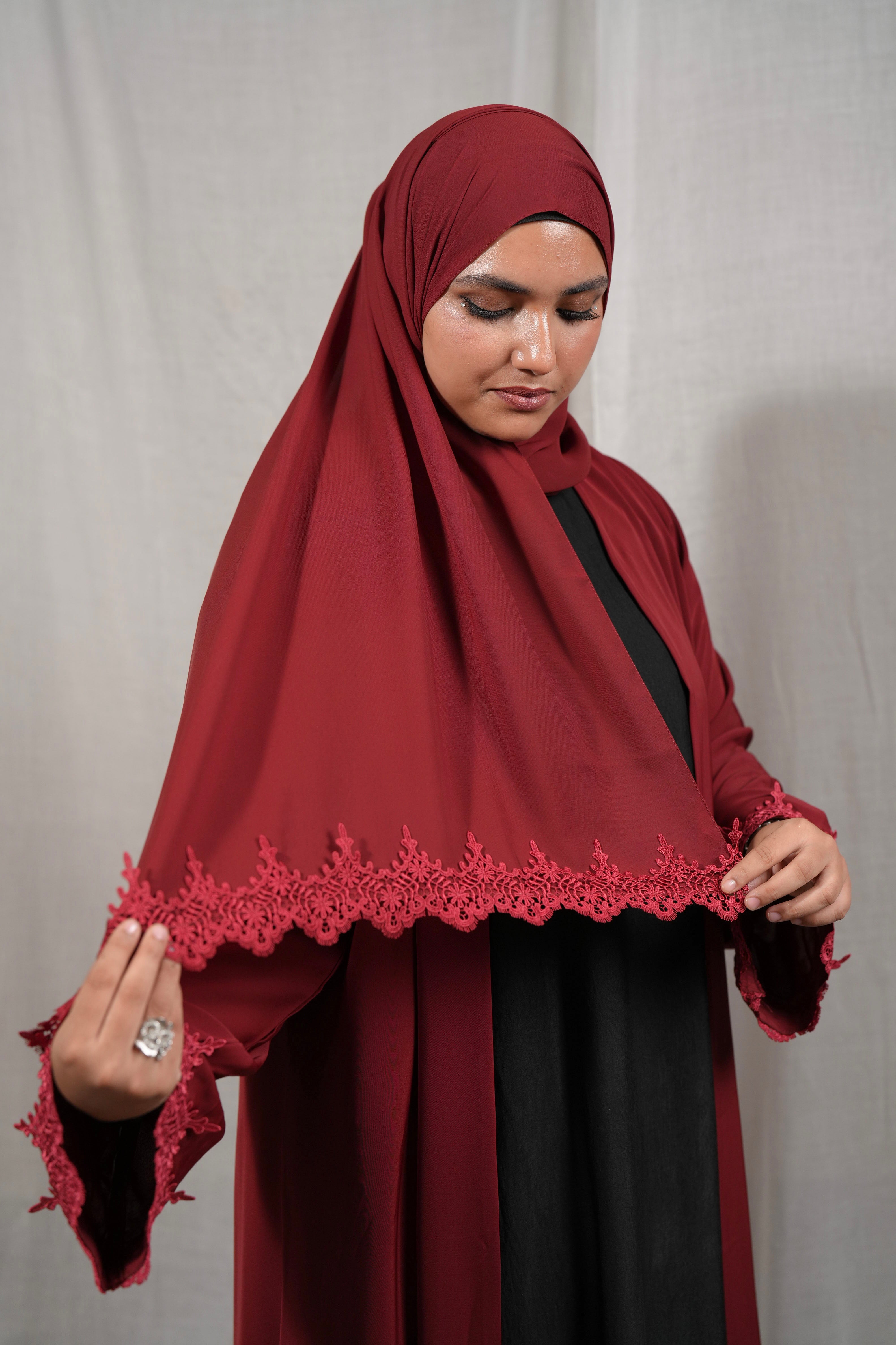 Lace Abaya - Crimson