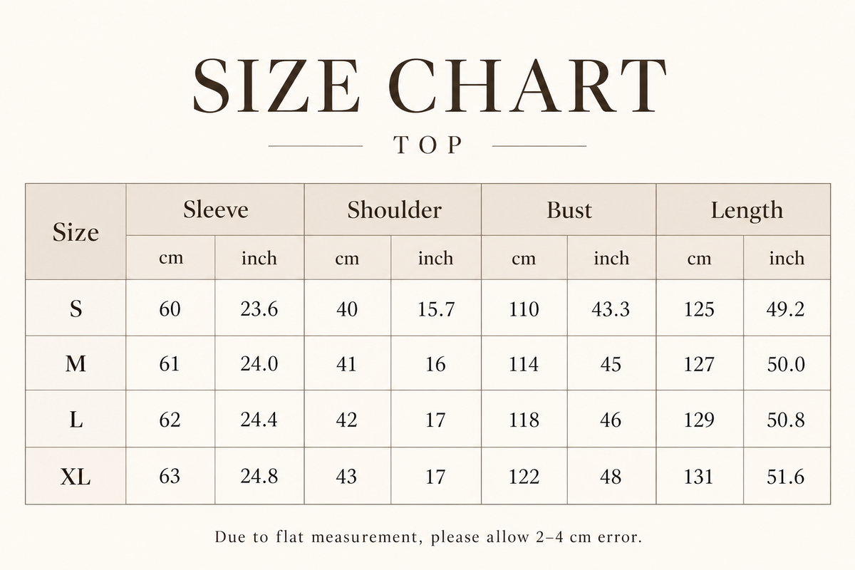 Asymmetrical tops size chart with sleeve, shoulder, bust and length measurements in centimetres and inches.