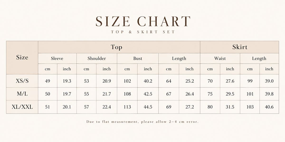 Co-ord Sets top and skirt size chart in centimetres and inches for sizes XS/S, M/L and XL/XXL.